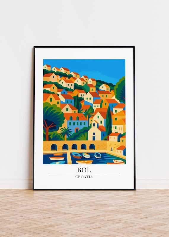Bol Croatia Hillside Town Colorful Houses Harbor Modern Travel Poster