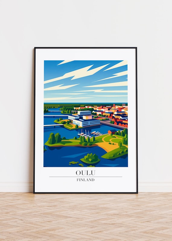 Oulu Finland Aerial River Cityscape Bridges Colorful Travel Poster