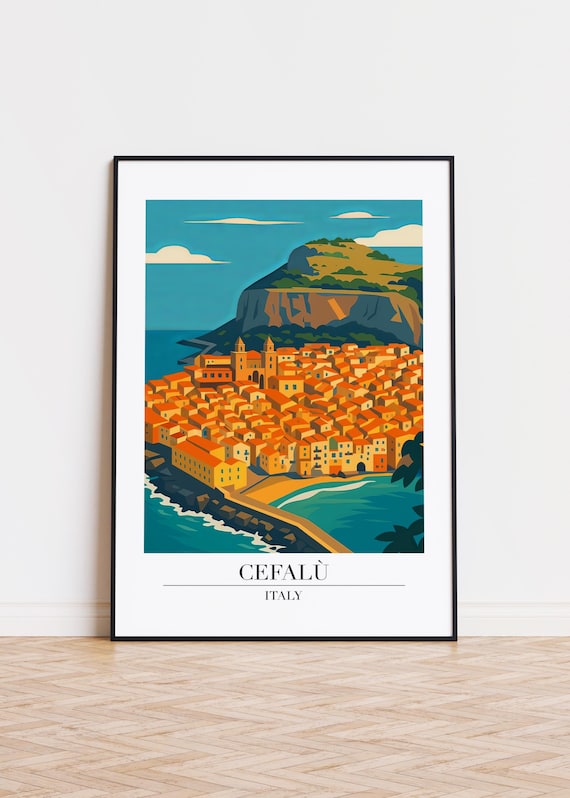 Cefalu Italy Coastal Old Town Beneath Rocky Cliff Sicily Travel Poster