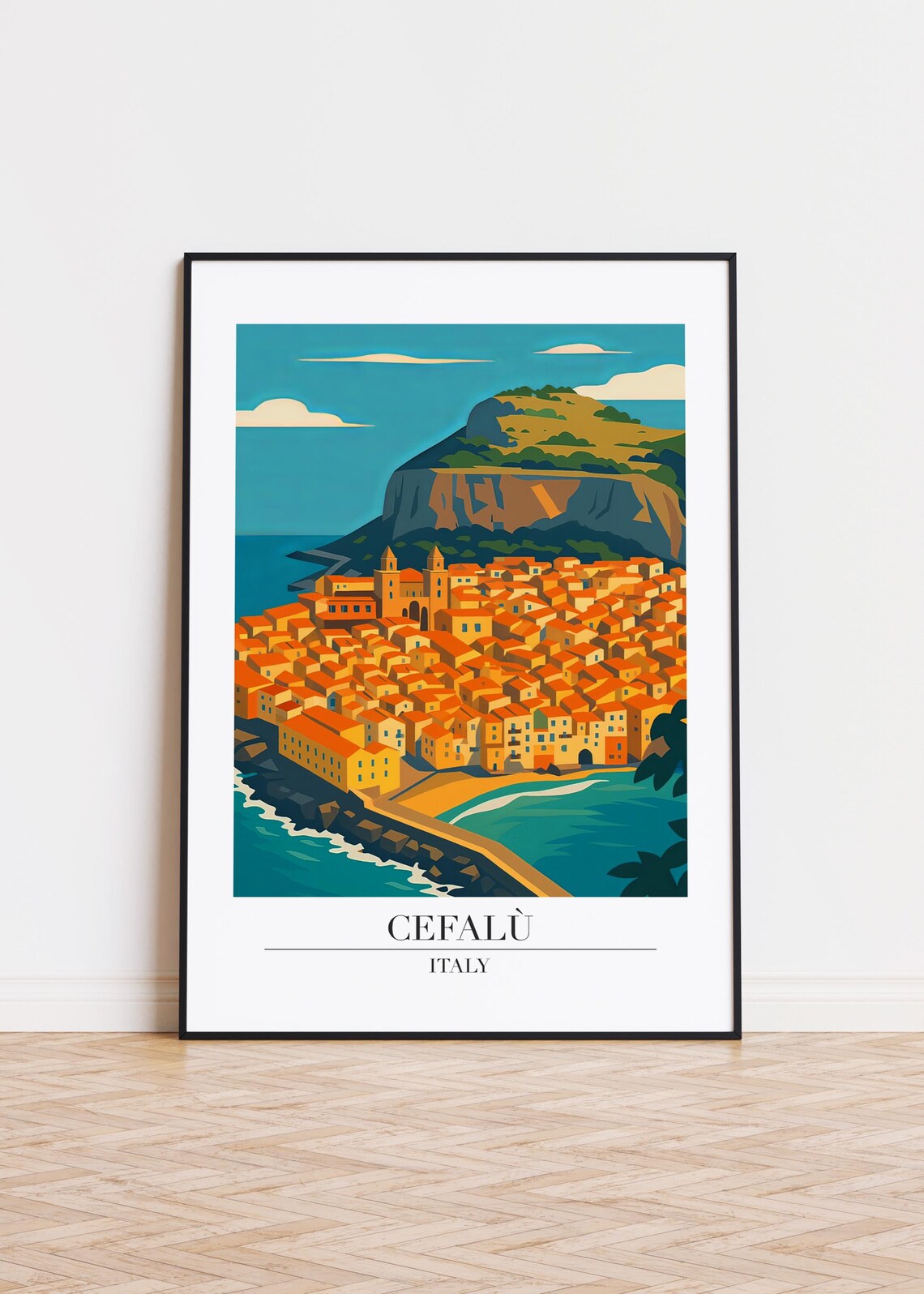 Cefalu Italy Coastal Old Town Beneath Rocky Cliff Sicily Travel Poster