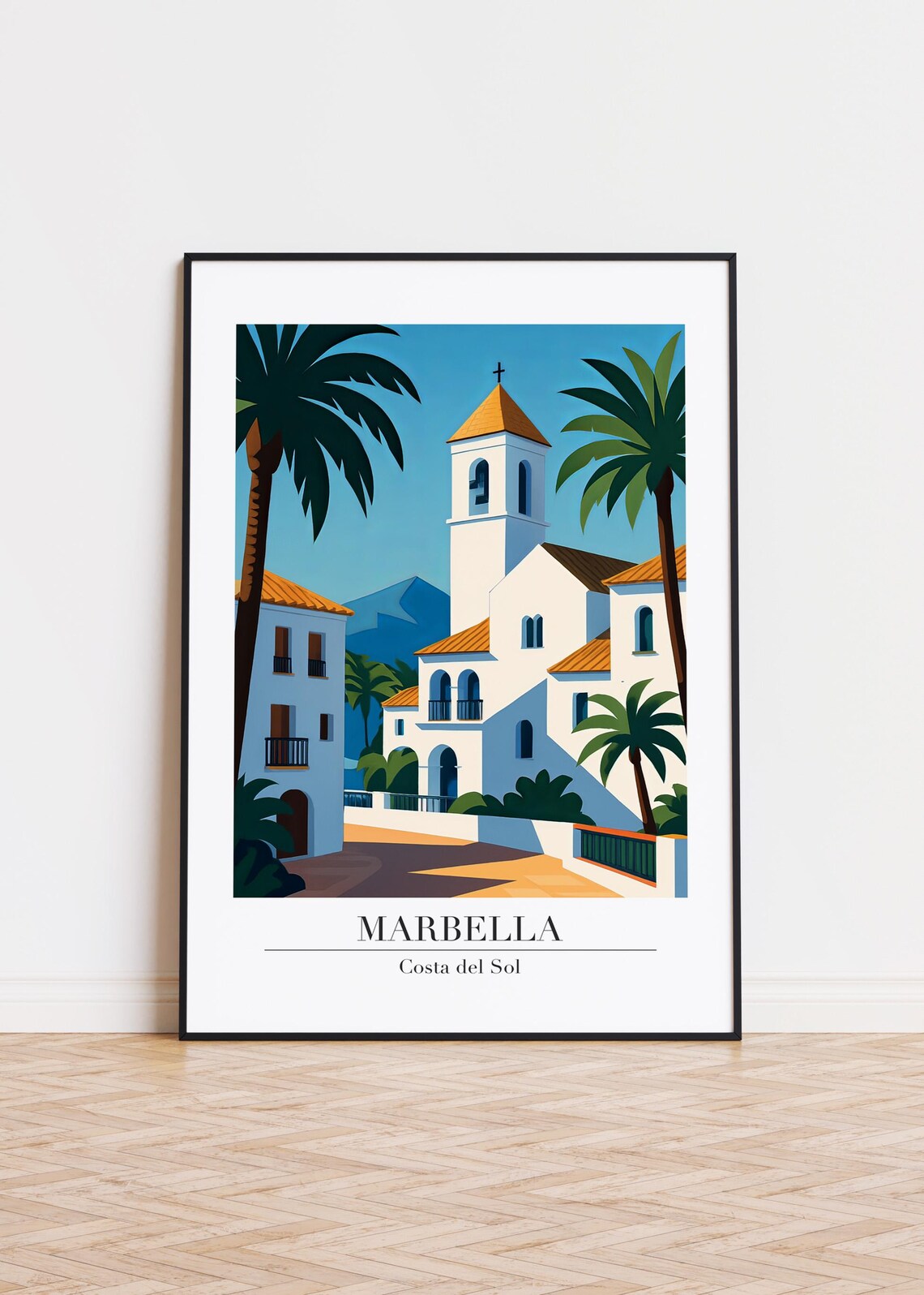 Marbella Costa del Sol Retro White Village Church Tower Travel Poster