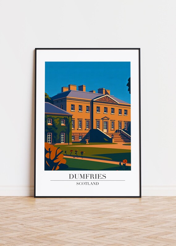 Dumfries Scotland Travel Poster With Georgian Mansion And Gardens Style