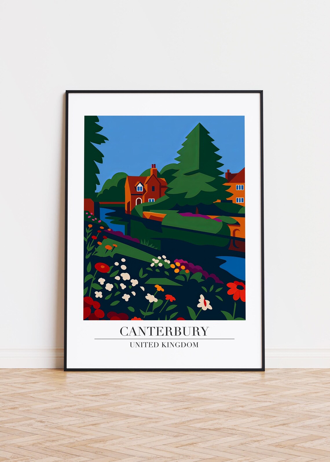 Canterbury United Kingdom Riverside Cottages Flowers Illustration Poster