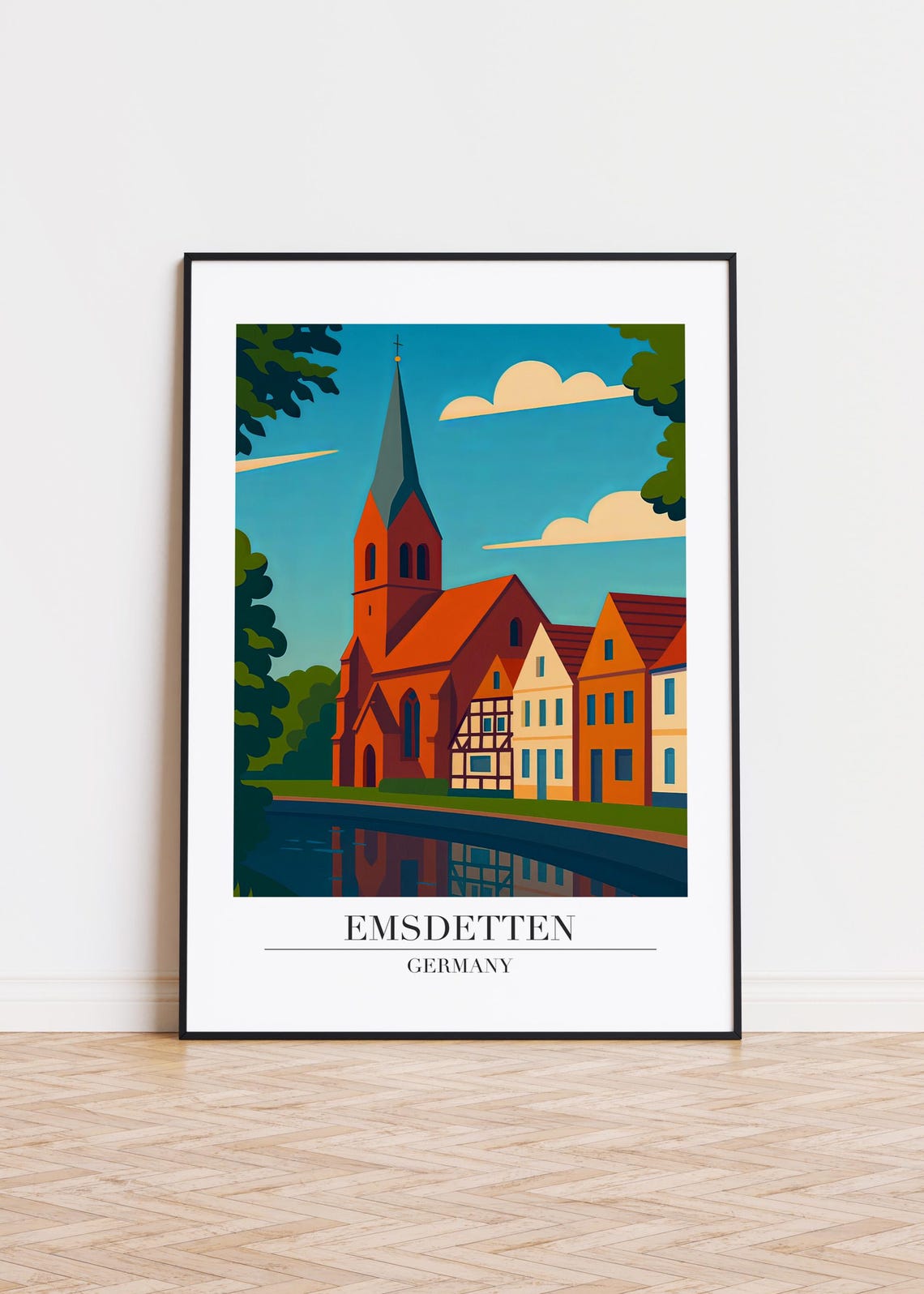 Emsdetten Germany Red Brick Church River Reflection Travel Poster