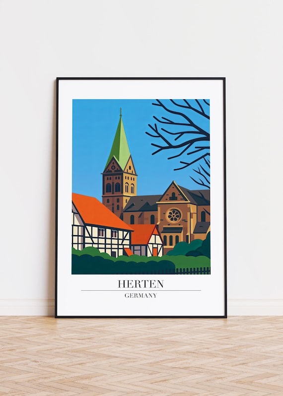 Herten Germany Church Green Spire Historic Old Town Travel Poster