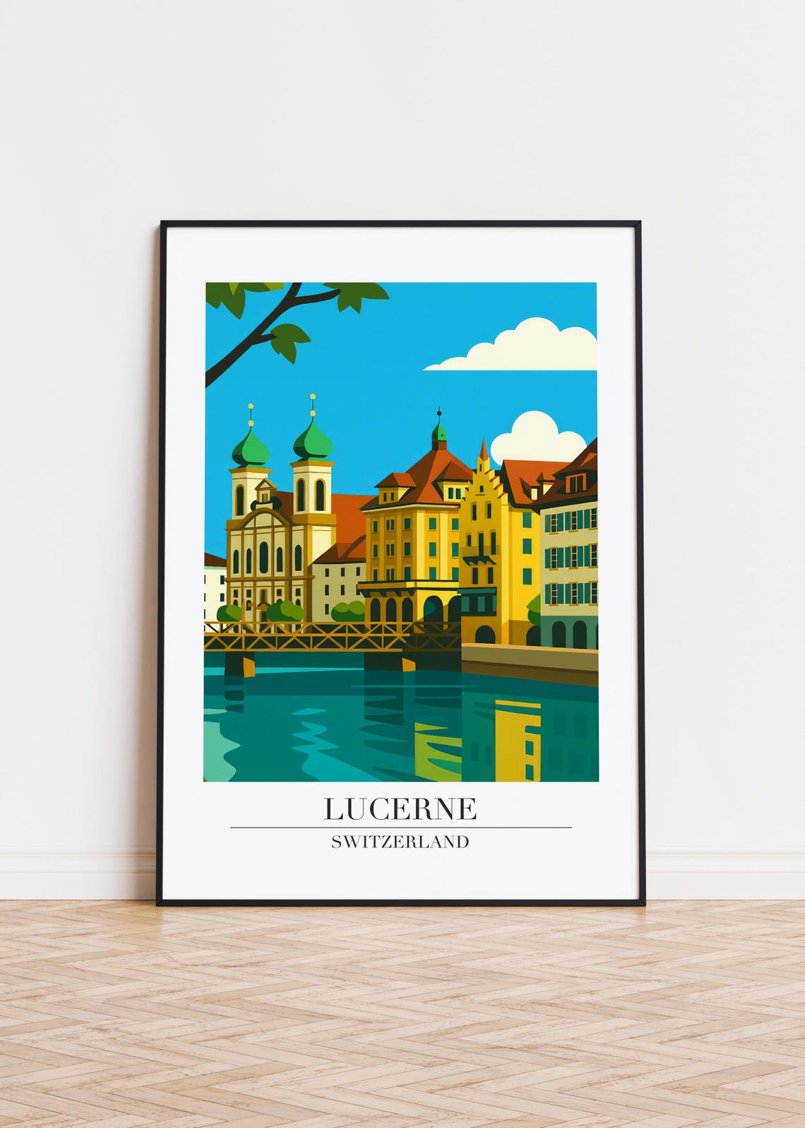 Lucerne Switzerland Riverside Old Town Church Domes Poster Art