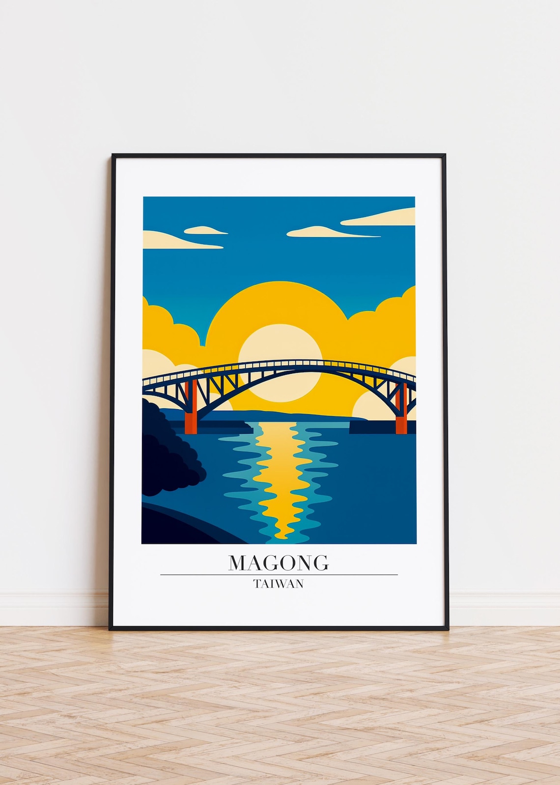 Magong Taiwan Harbor Bridge Golden Sunset Bay Travel Art Poster