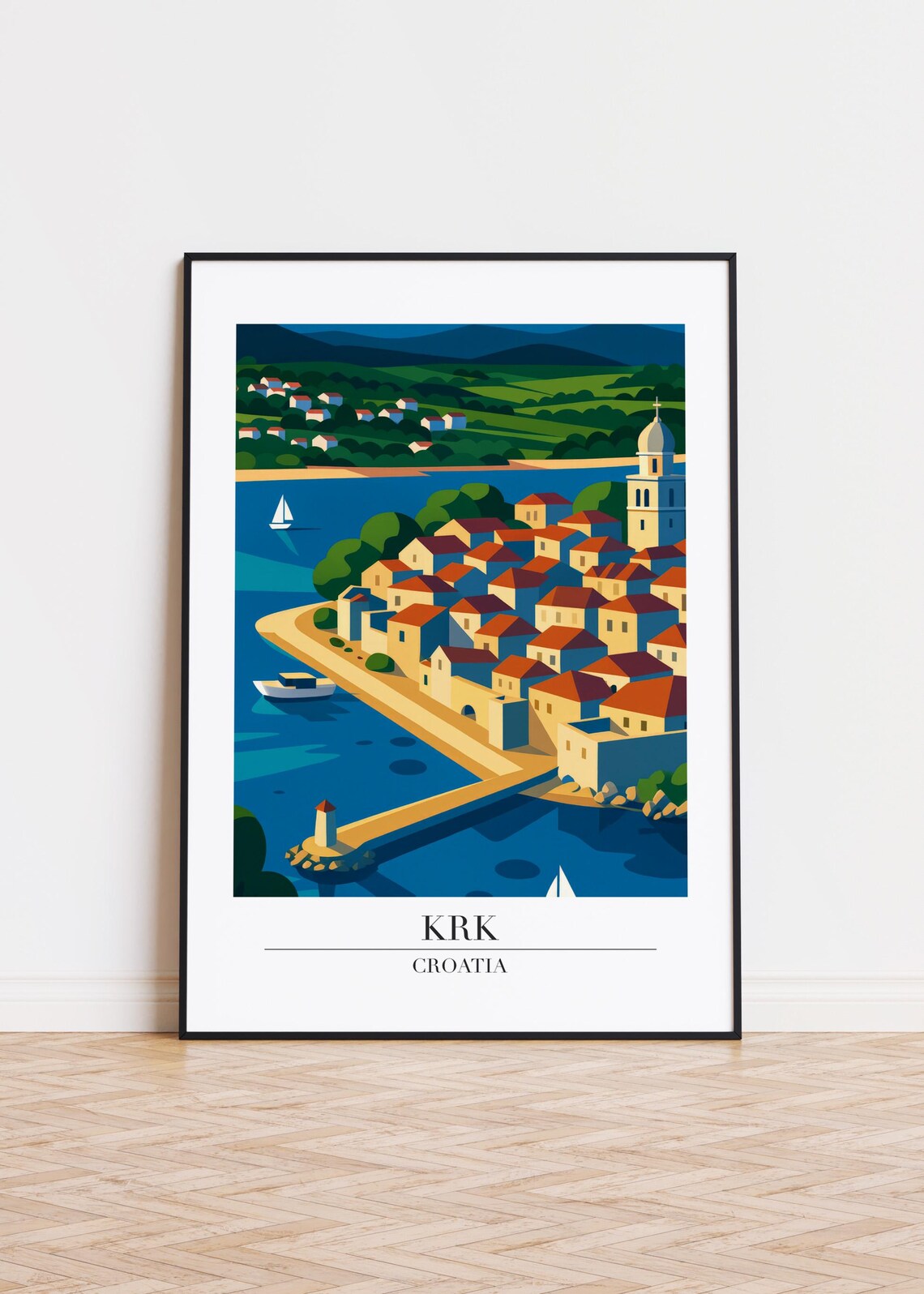 Krk Croatia Island Harbor Old Town Lighthouse Sailboats Travel Poster