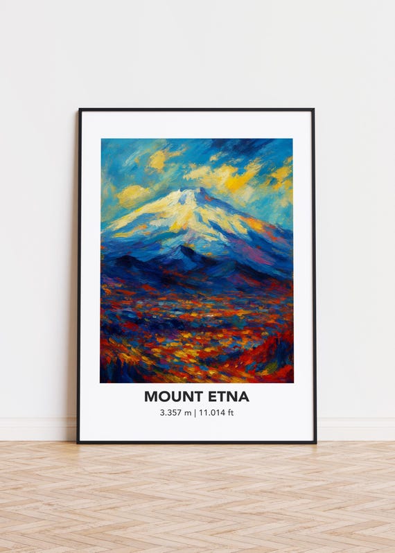 Mount Etna Poster Modern Oil Painting Style Mountain Art Print