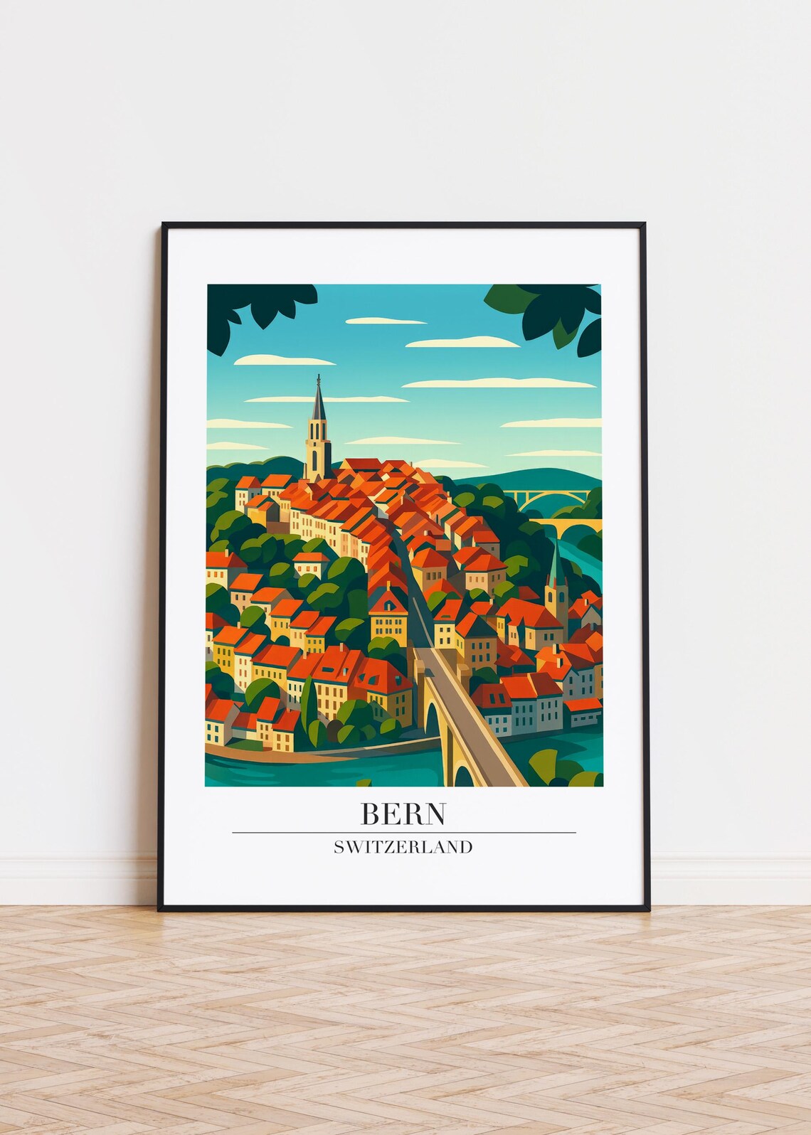 Colorful Bern Switzerland Old Town Bridge Hillside Travel Poster