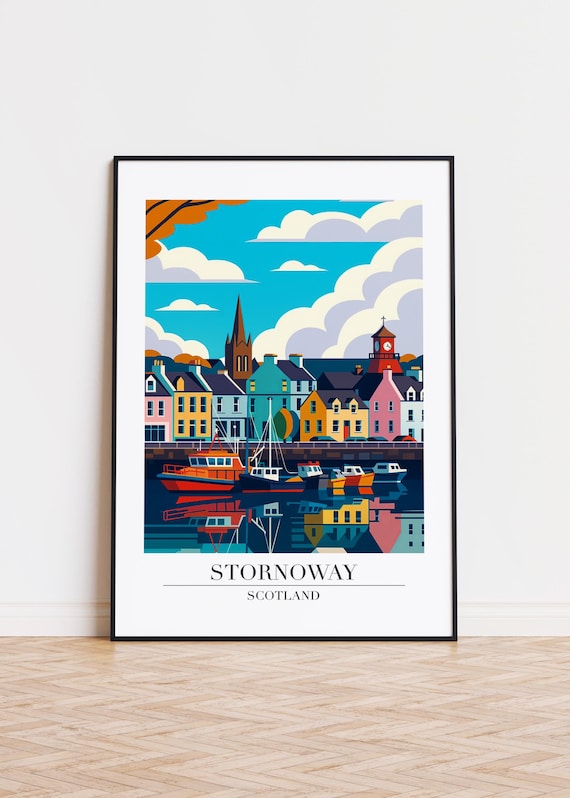 Stornoway Scotland Colorful Harbor Boats Travel Illustration Poster