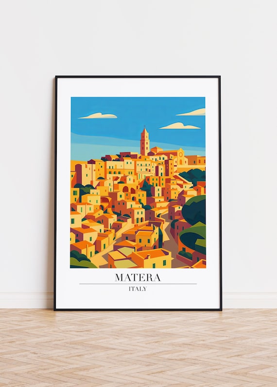 Matera Italy Hilltop Panorama Modern Travel Poster Golden Sassi City Art