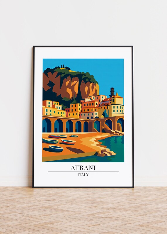 Atrani Italy Beach Boats Coastal Village Illustration Travel Poster