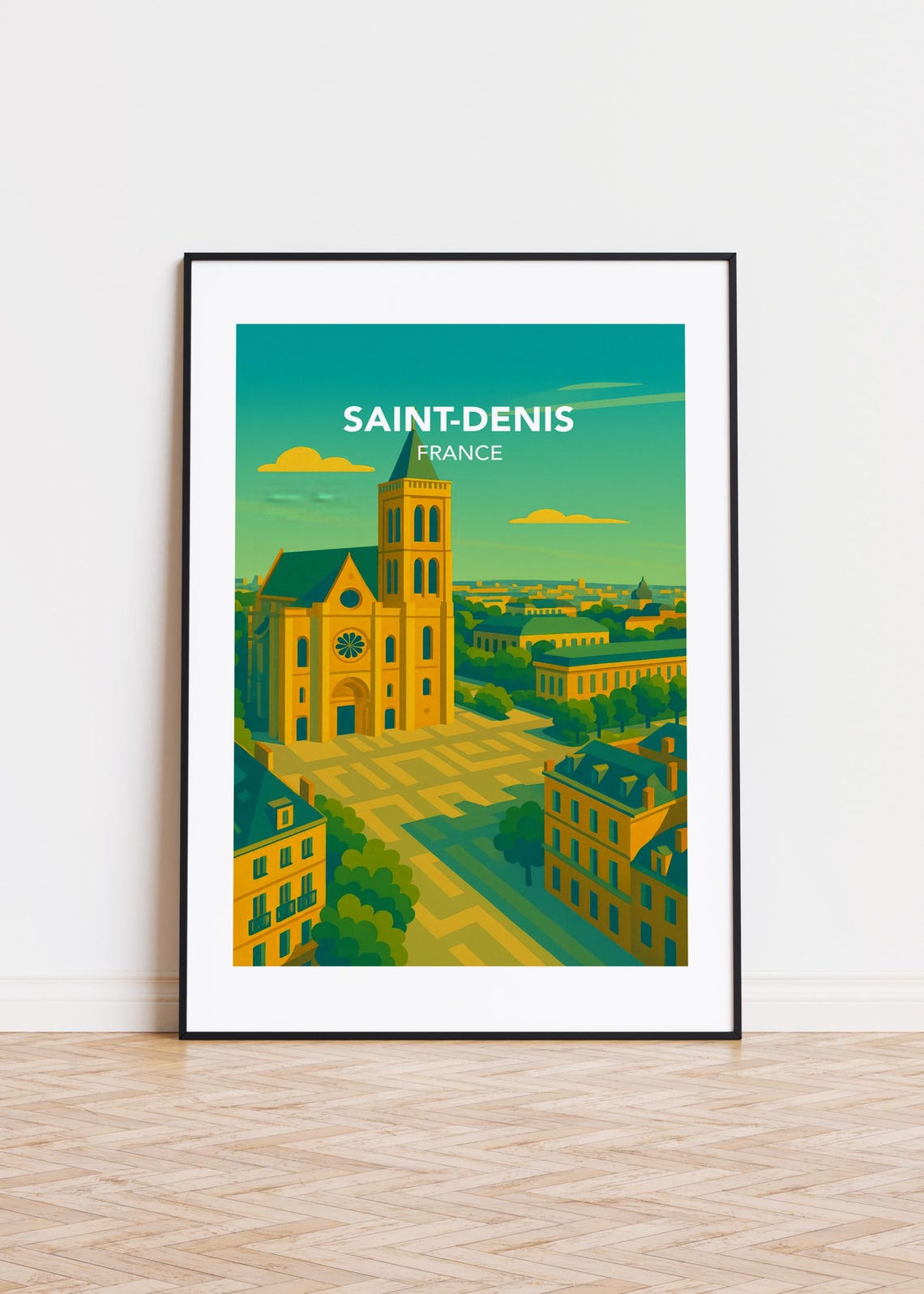 Saint Denis France Basilica Square Golden Retro Travel Poster
