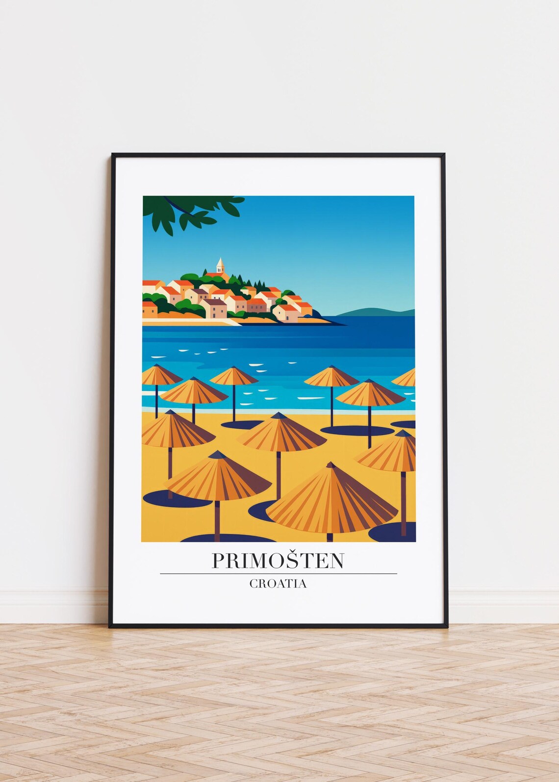 Primosten Croatia Beach Straw Umbrellas Old Town Bay Travel Poster