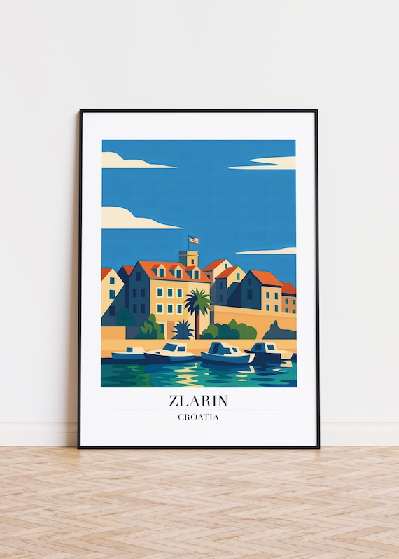 Zlarin Croatia Waterfront Harbor Boats Bay Retro Travel Poster
