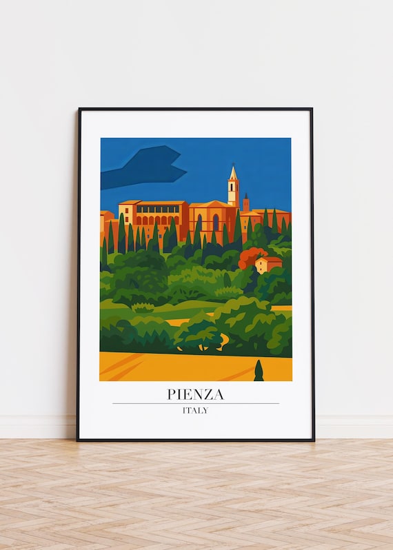 Pienza Italy Tuscan Cypress Hills Golden Field Retro Travel Poster