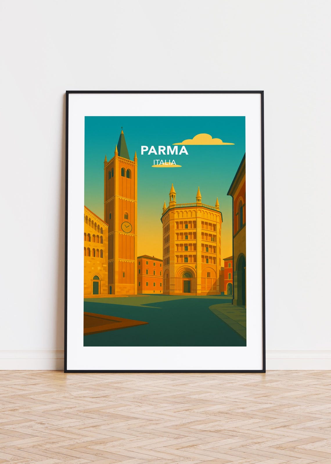 Parma Italy Baptistery Bell Tower Sunset Square Vintage Travel Poster