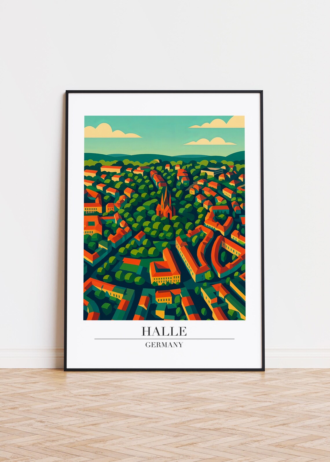 Halle Germany Aerial City Rooftops Geometric Travel Illustration Poster