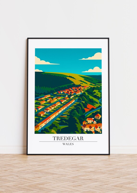 Tredegar Wales Valley Town Scenic Hillside Vintage Travel Poster