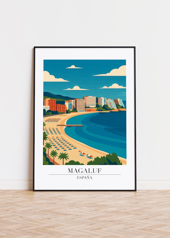 Magaluf Spain Umbrella Beach Hotel Strip Retro Travel Poster