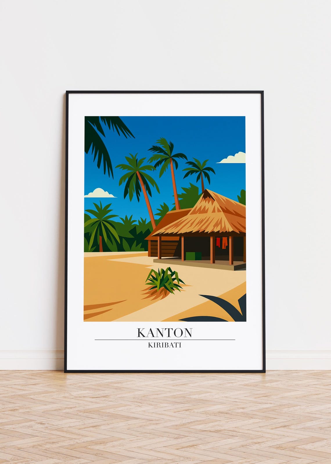 Kanton Kiribati Thatch Hut Palms Sandy Beach Illustrated Poster