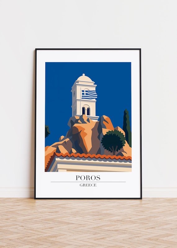 Poros Greece Clock Tower Greek Flag Hilltop View Travel Poster