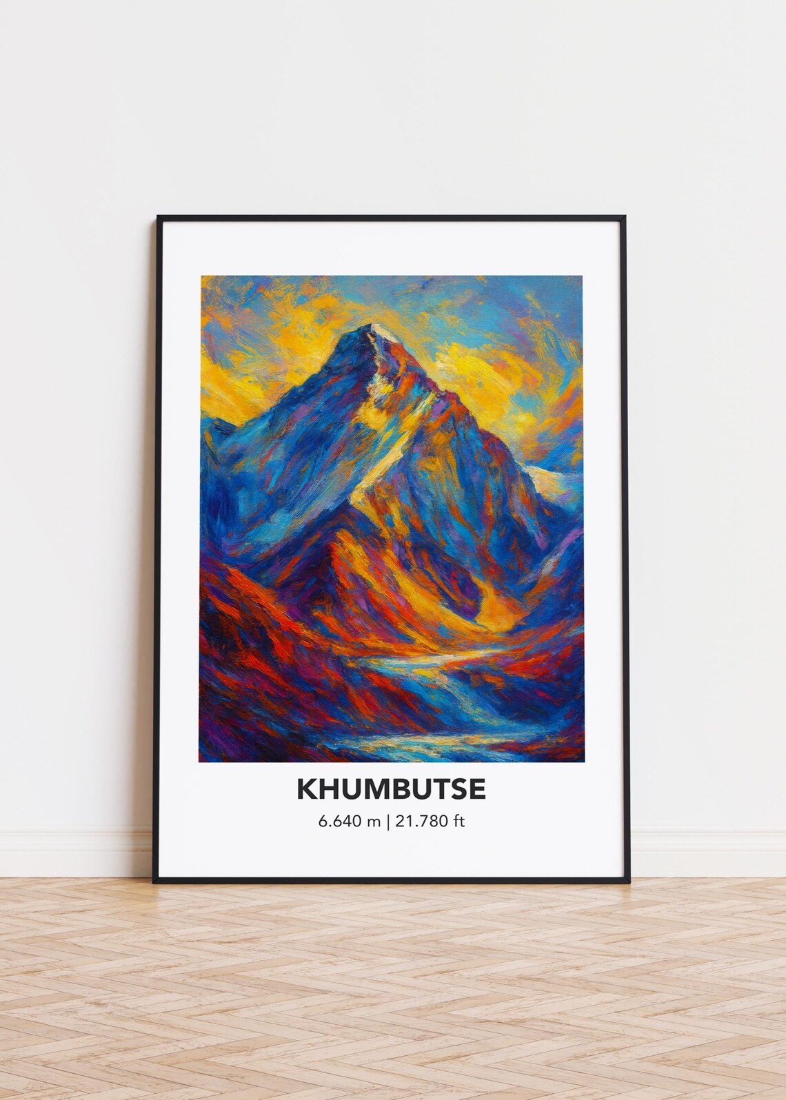 Khumbutse Sunlit Snowy Peak Golden Slopes Modern Oil Painting Style Poster