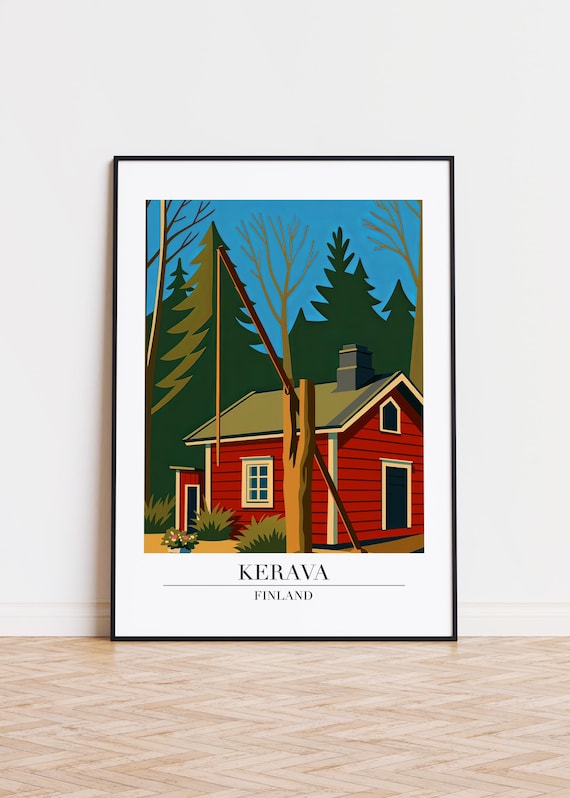 Kerava Finland Red Wooden Cabin in Pine Forest Travel Poster
