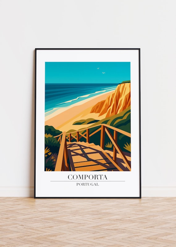 Comporta Portugal Wooden Stairs Golden Cliffs Beach Vintage Travel Poster