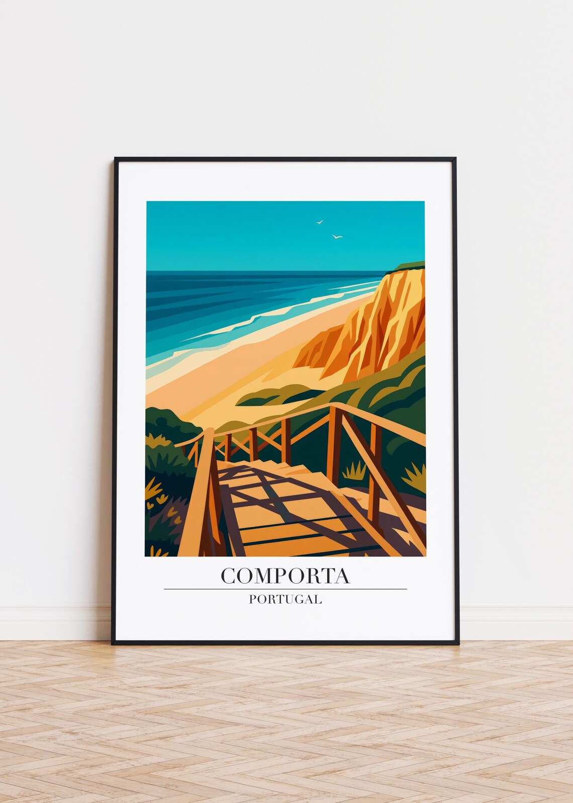 Comporta Portugal Wooden Stairs Golden Cliffs Beach Vintage Travel Poster