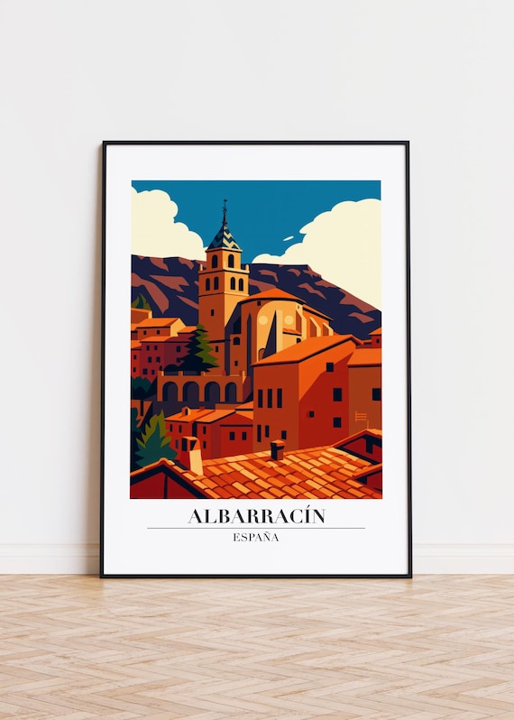 Albarracin Spain Red Rooftops Church Tower Mountain Travel Poster