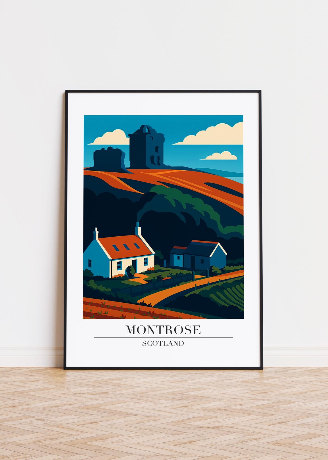 Montrose Scotland Hillside Cottages Evening Landscape Art Poster