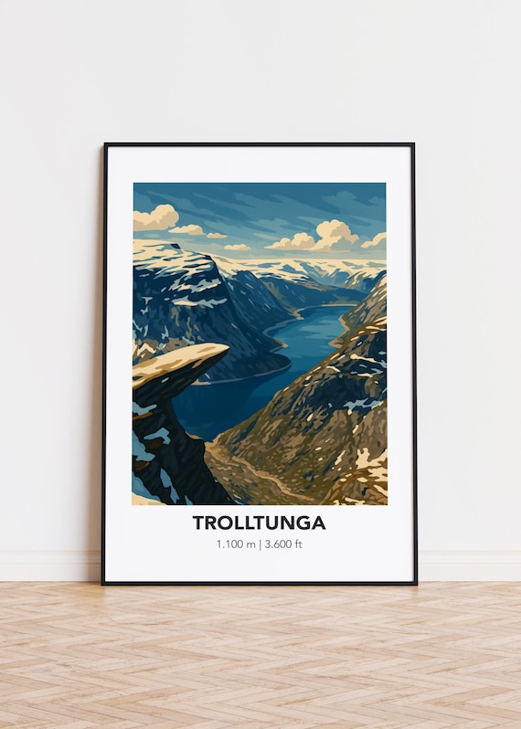 Trolltunga Norway Cliff Fjord Illustrated Hiking Travel Poster