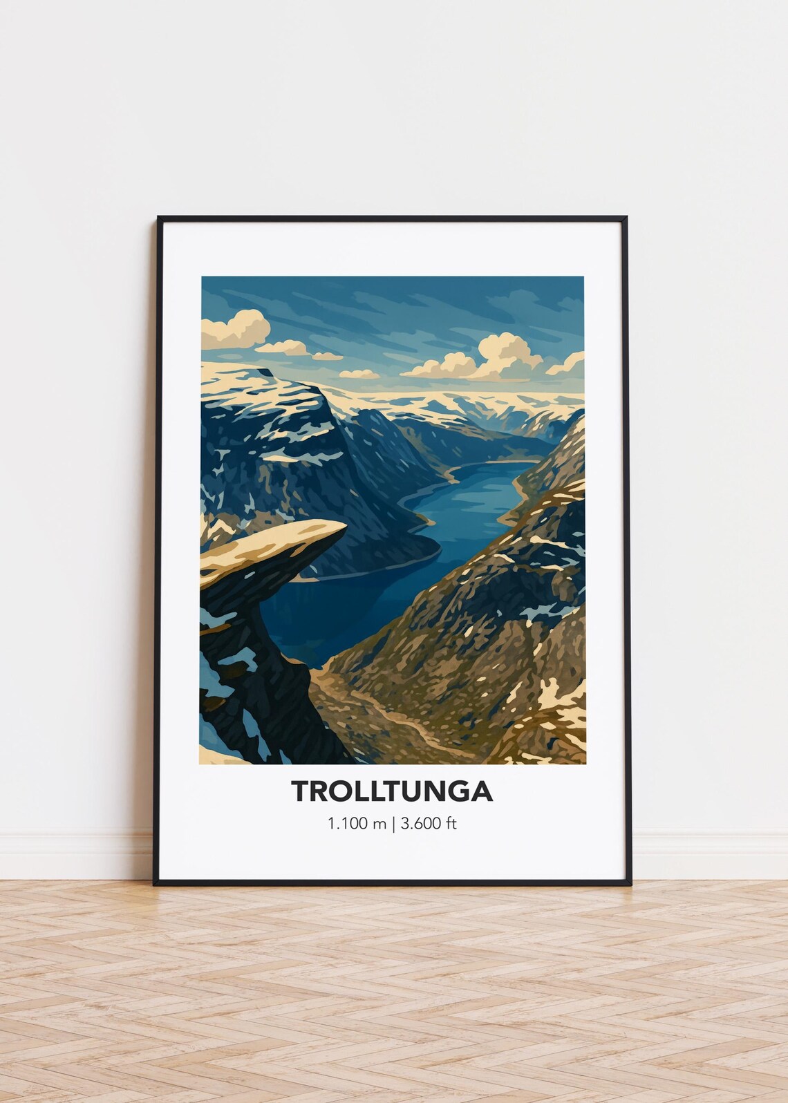 Trolltunga Norway Cliff Fjord Illustrated Hiking Travel Poster