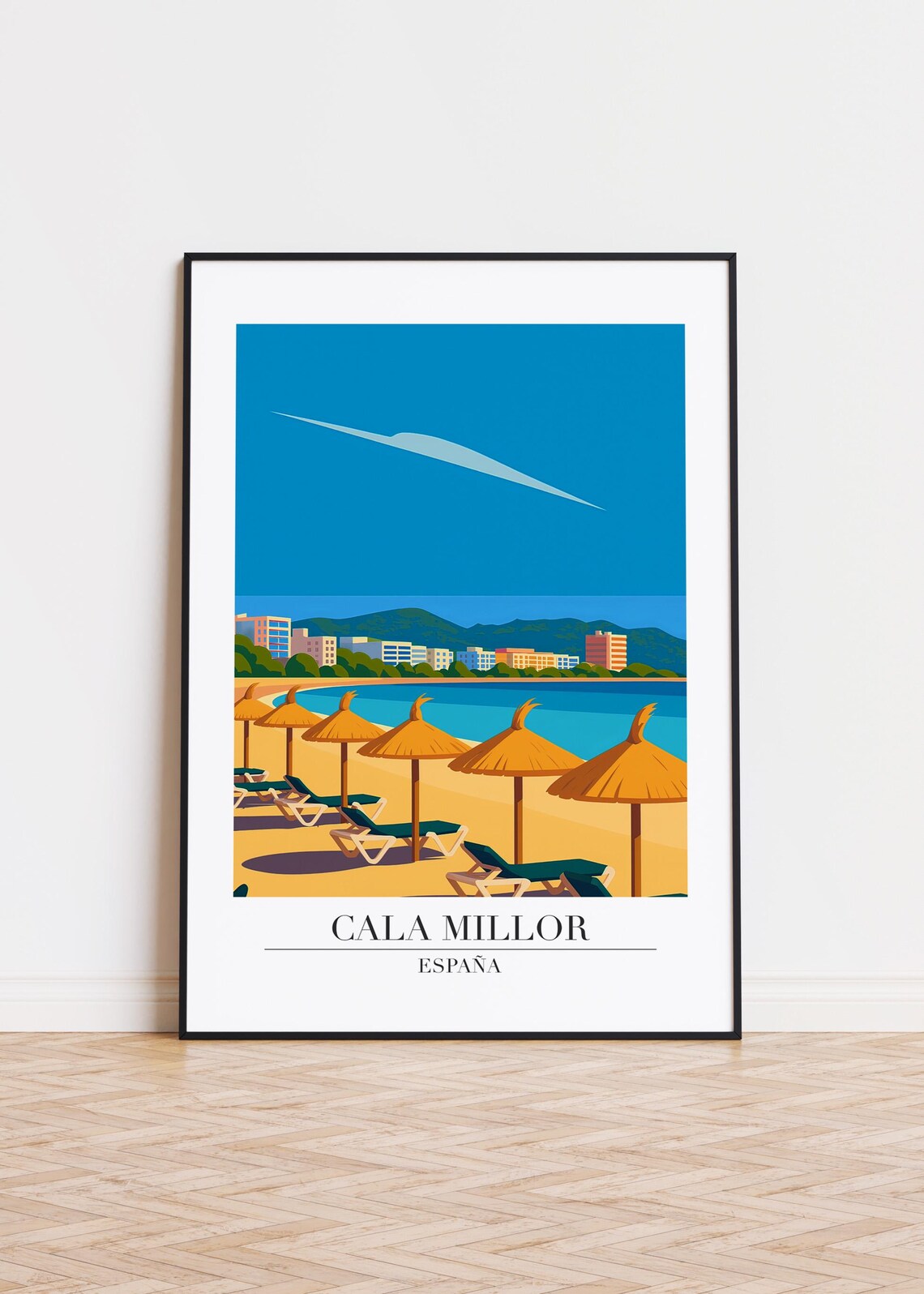 Cala Millor Spain Straw Umbrellas Loungers Beach Retro Travel Poster