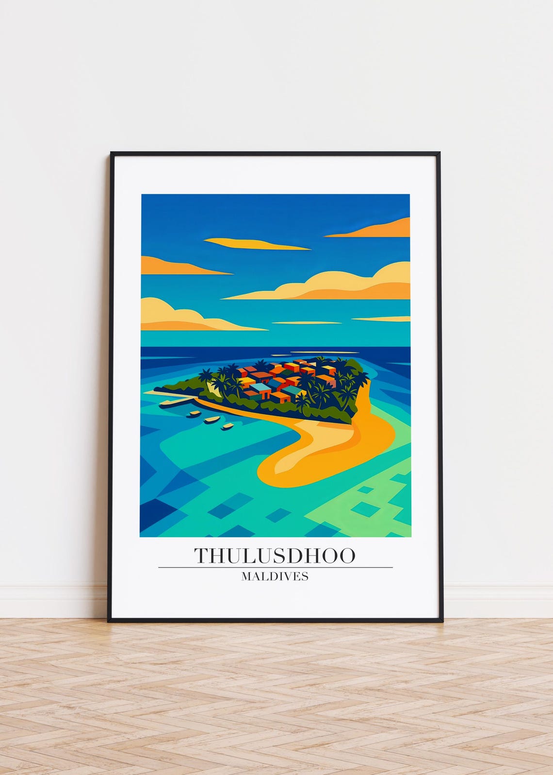 Thulusdhoo Maldives Island Village Turquoise Sunset Travel Poster