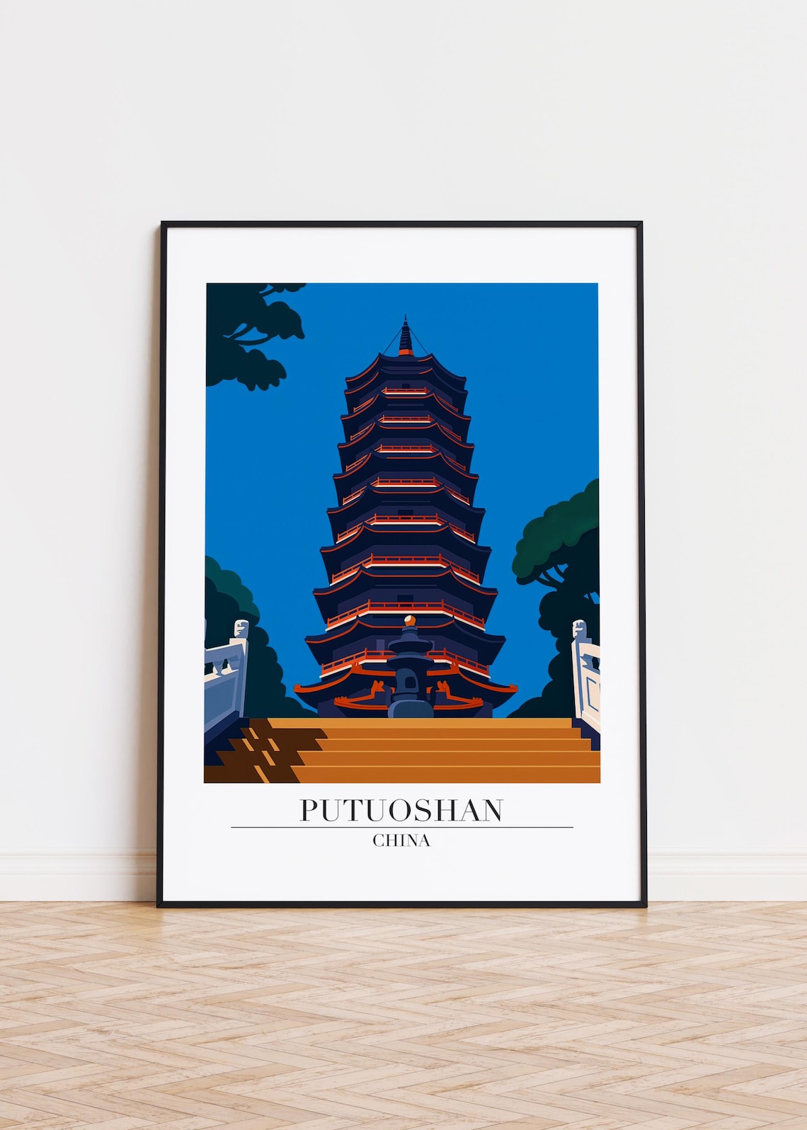 Putuoshan China Multi Tiered Pagoda Temple Steps Blue Sky Illustration Poster