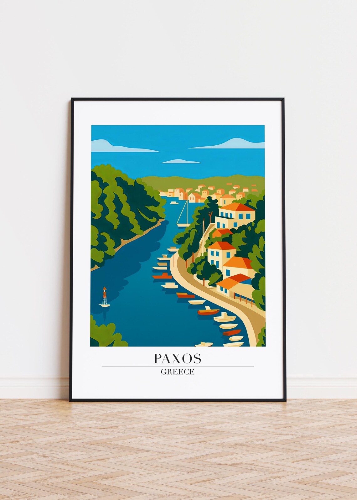 Paxos Greece Harbor Boats Coastal Village Modern Travel Poster