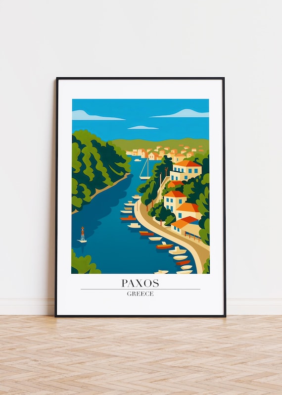 Paxos Greece Harbor Boats Coastal Village Modern Travel Poster