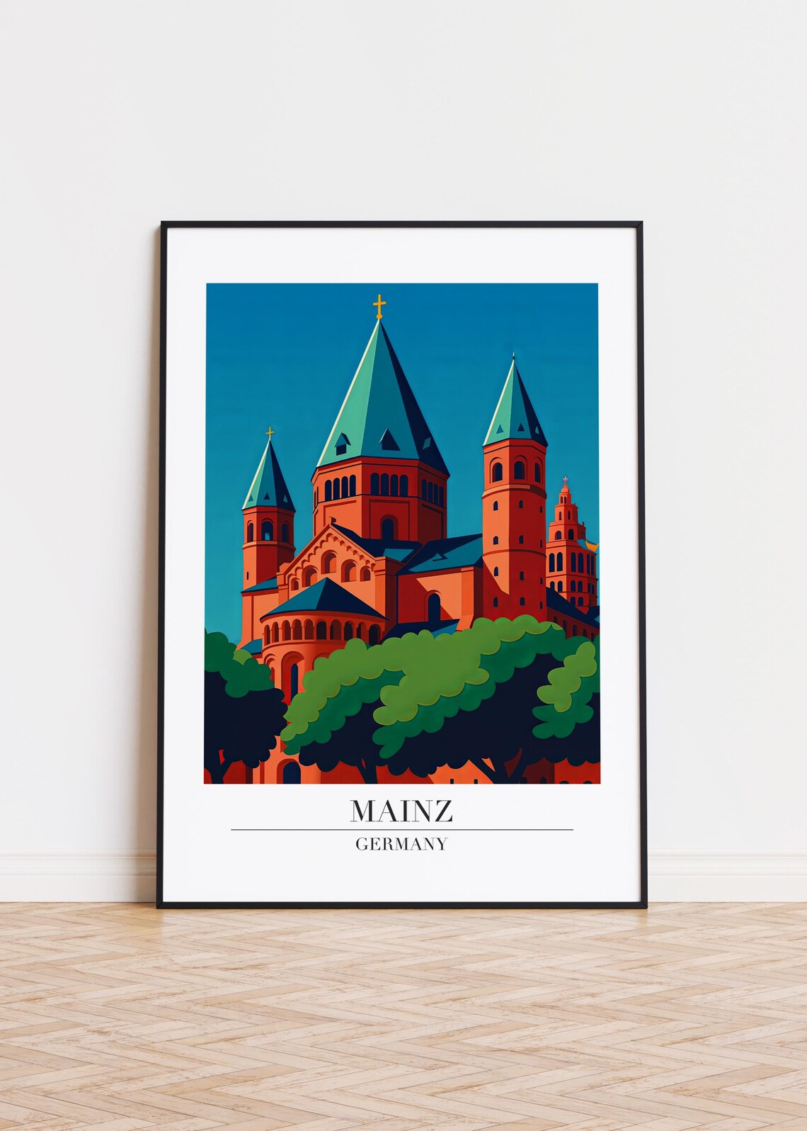 Mainz Germany Cathedral Red Stone Twin Towers Travel Art Poster