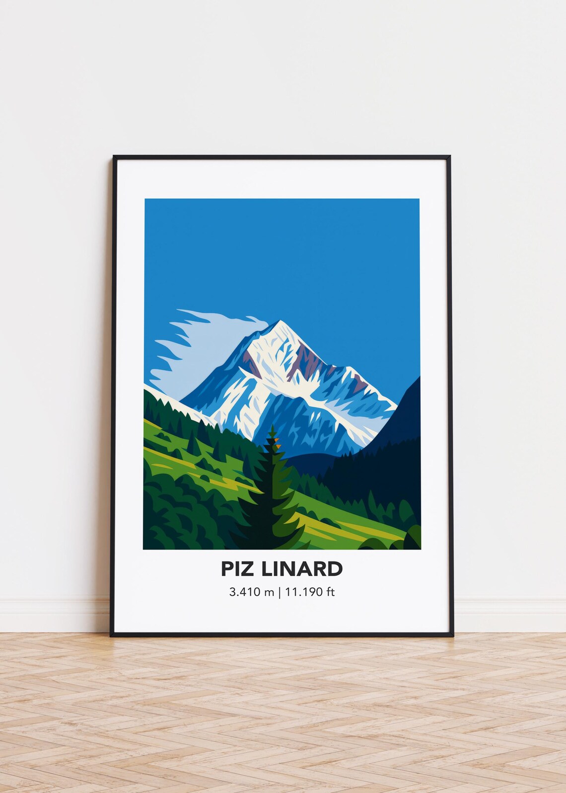 Piz Linard Snowy Summit Above Green Forest Travel Illustration Retro Poster