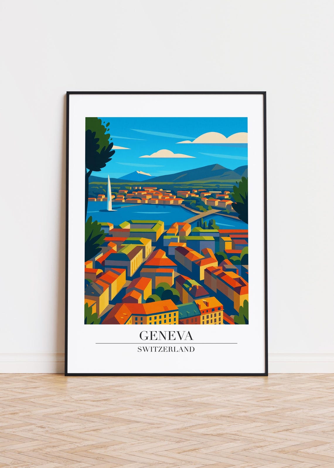 Geneva Switzerland Lake Waterfront Rooftops Travel Poster Art
