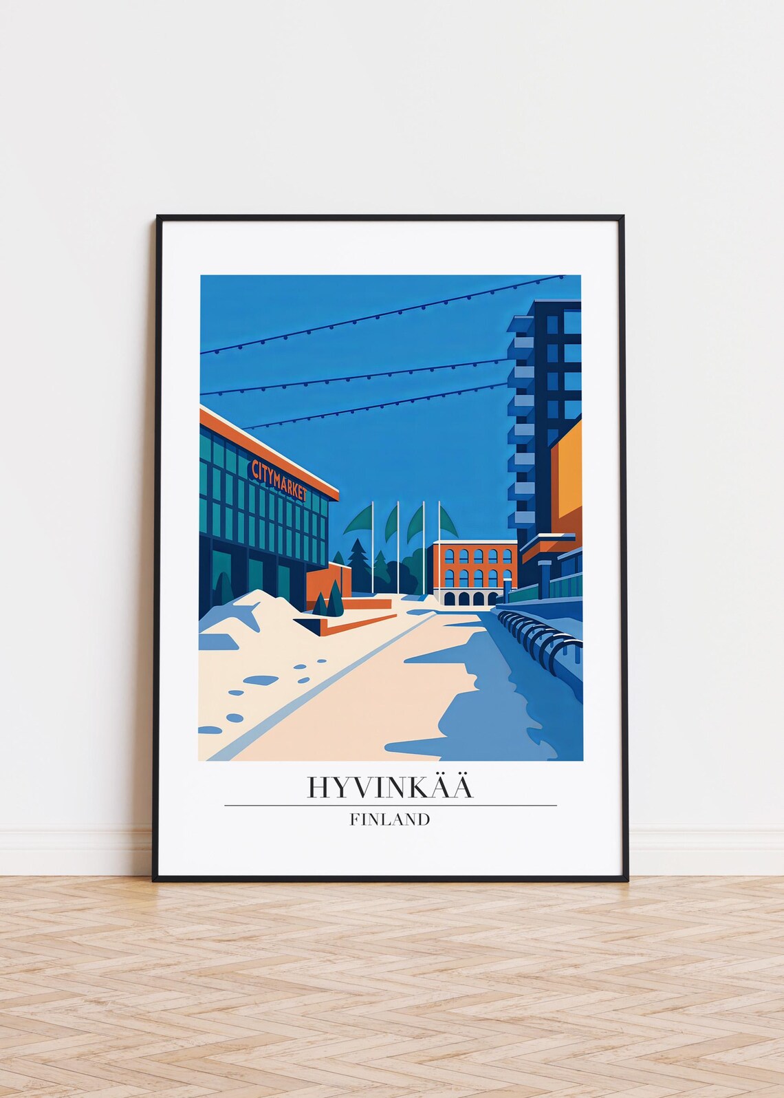 Hyvinkaa Finland Snowy Shopping Street Winter Vintage Travel Poster