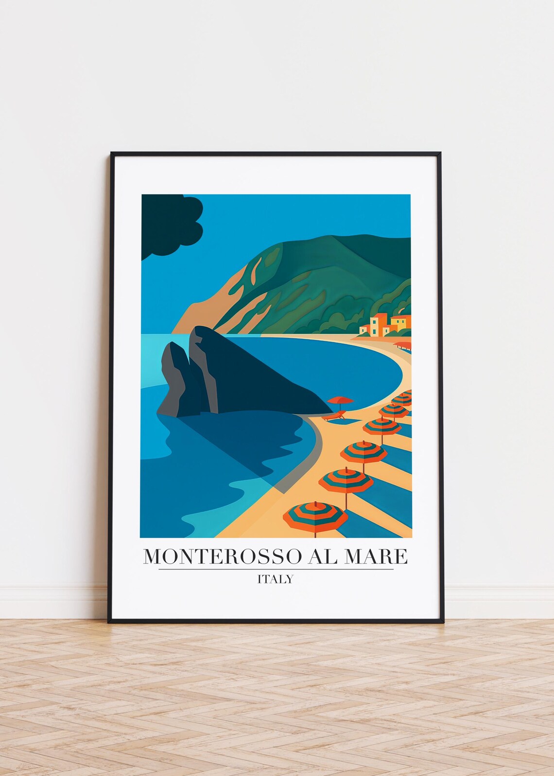 Monterosso al Mare Italy Cinque Terre Beach Umbrellas Travel Poster