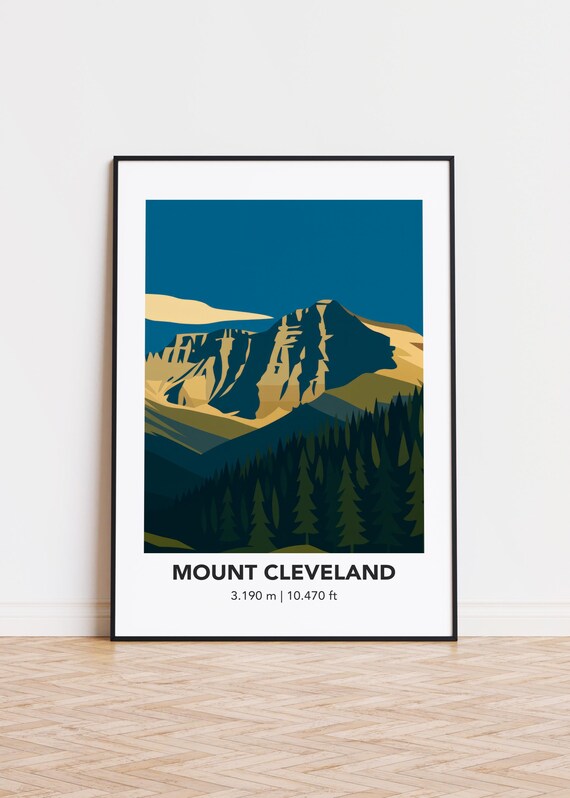 Mount Cleveland Mountain Illustration Poster Rocky Peak Pine Forest Art