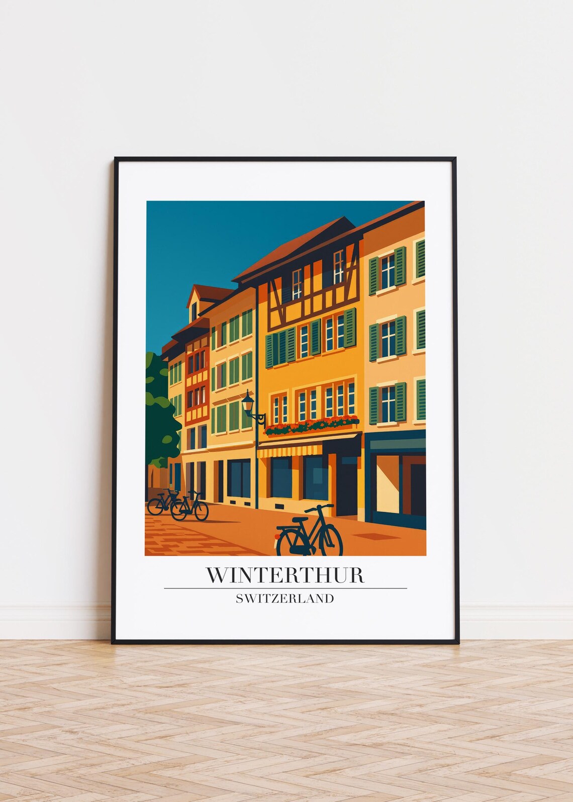 Winterthur Switzerland Old Town Street Bicycles Vintage Travel Poster