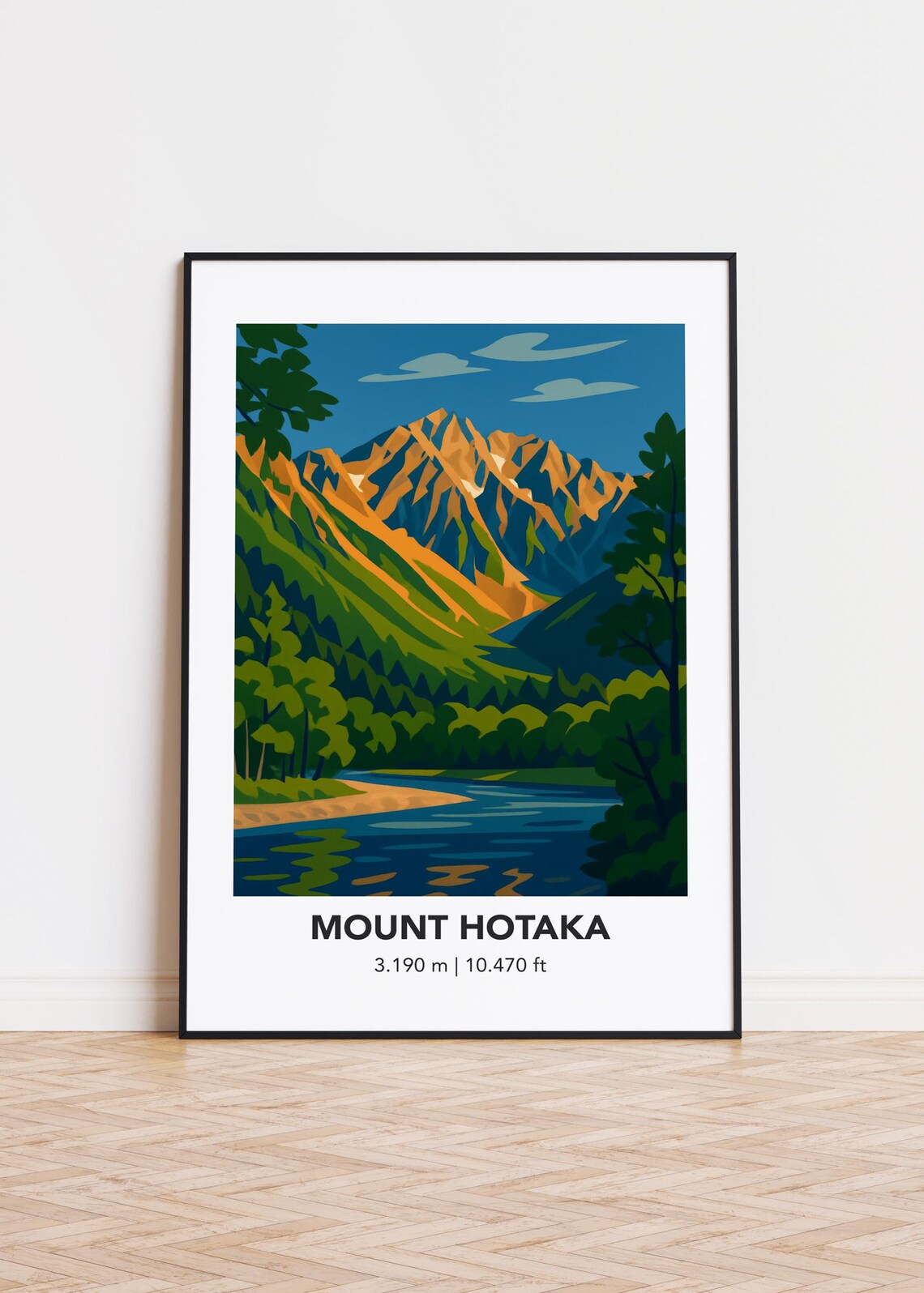 Mount Hotaka Mountain Illustration Poster Golden Peaks River Valley Art