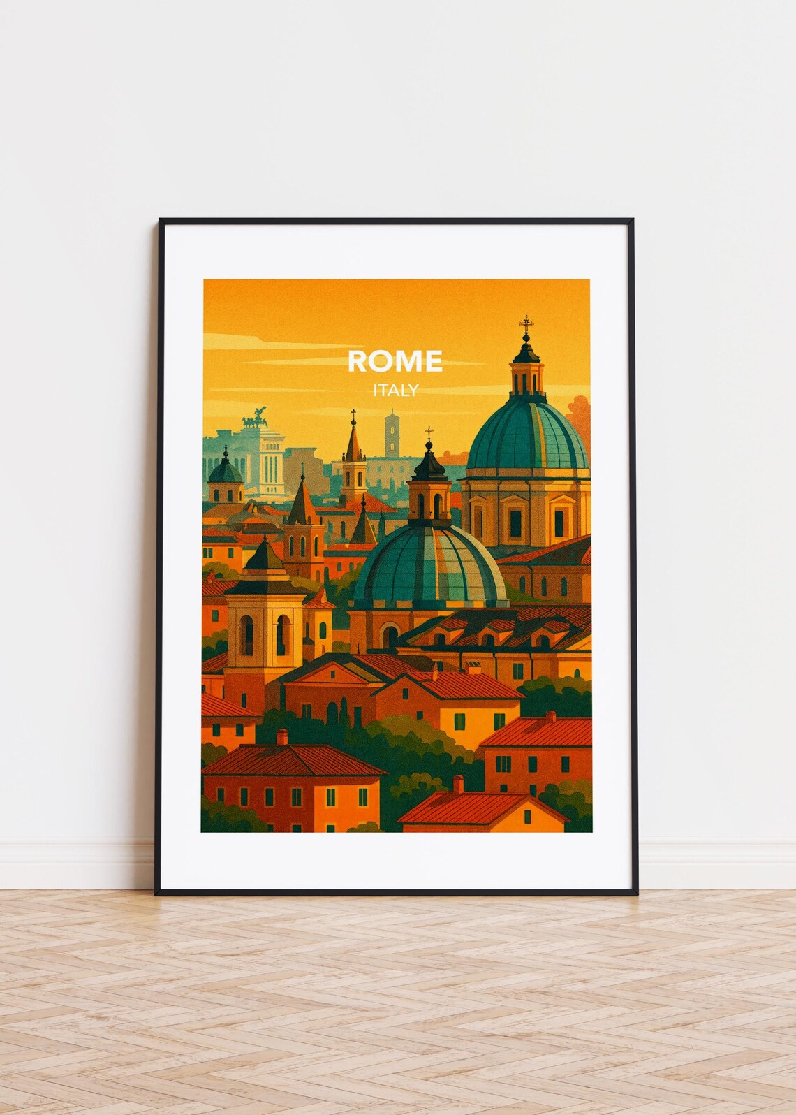 Rome Italy Golden Sunset Domes and Rooftops Vintage Travel Poster