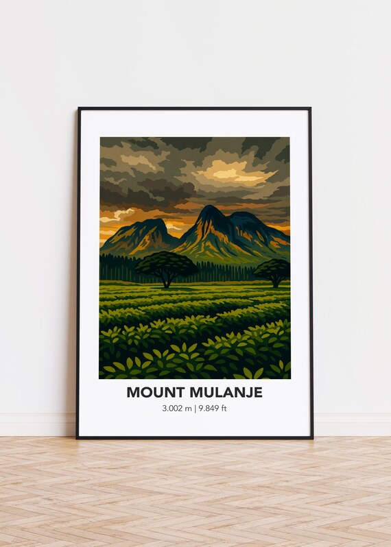 Mount Mulanje Twin Peaks Tea Fields Sunset Minimalist Elevation Poster
